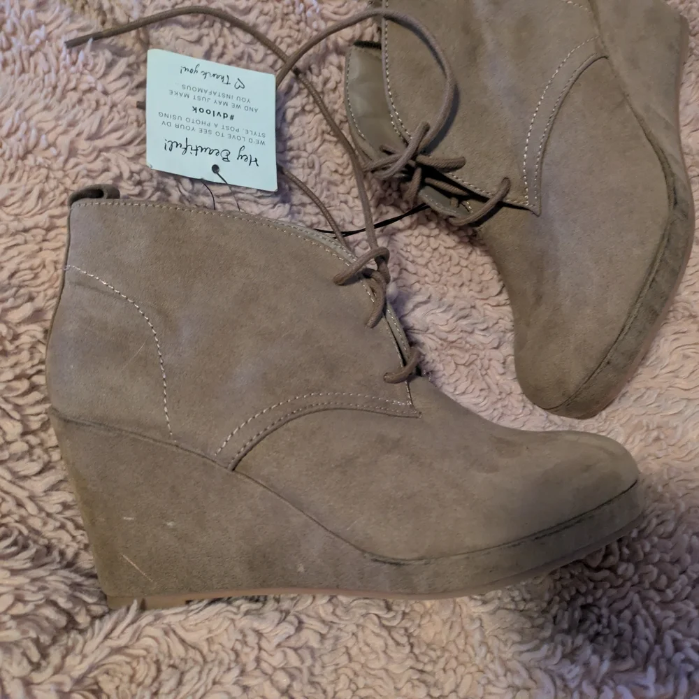 Taupe Lace-Up Wedge Ankle Booties | Soft Suede | Size 8